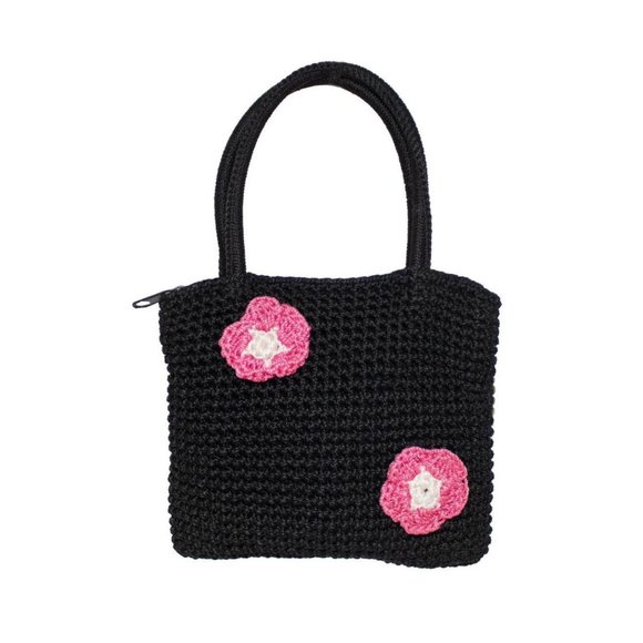 Vintage Y2K/90’s Hand Knit Small Black Pink Floral Mini Purse - Picture 1 of 2